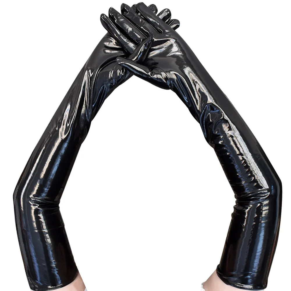 Adult Sexy Long Black Latex Gloves Metallic Wet Look Faux Leather Gloves Clubwear Dance Catsuit Cosplay Accessory Mittens