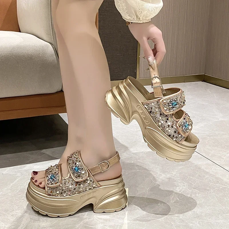 8.5CM Chunky Platform Bling Rhine Stone Sandals Women High Heels Non-slip Slipper Wedge Sneakers Woman Beach Summer Slides Shoes_voghion.com
