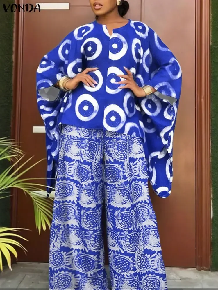

VONDA Осенние женские инди-фолк-брюки с богемным принтом, 2 шт., топ с длинными расклешенными рукавами 2025 и широкие брюки большого размера, большие размеры 5XL