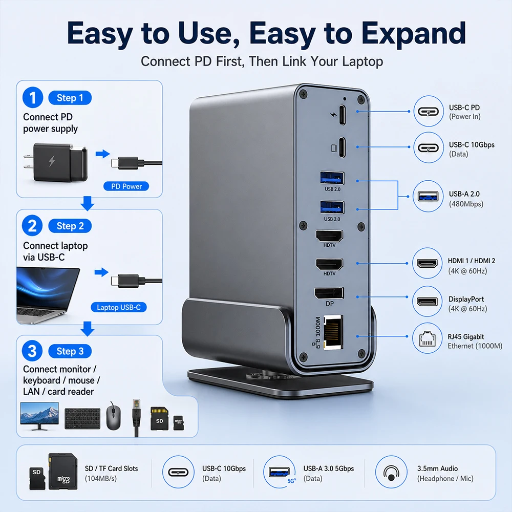SIHAO Type C USB 3.0 HUB 15 in 1 Docking Station Multiport Adapter with HDMI 4K@60Hz PD100W Gigabit Ethernet SD/TF Card Reader