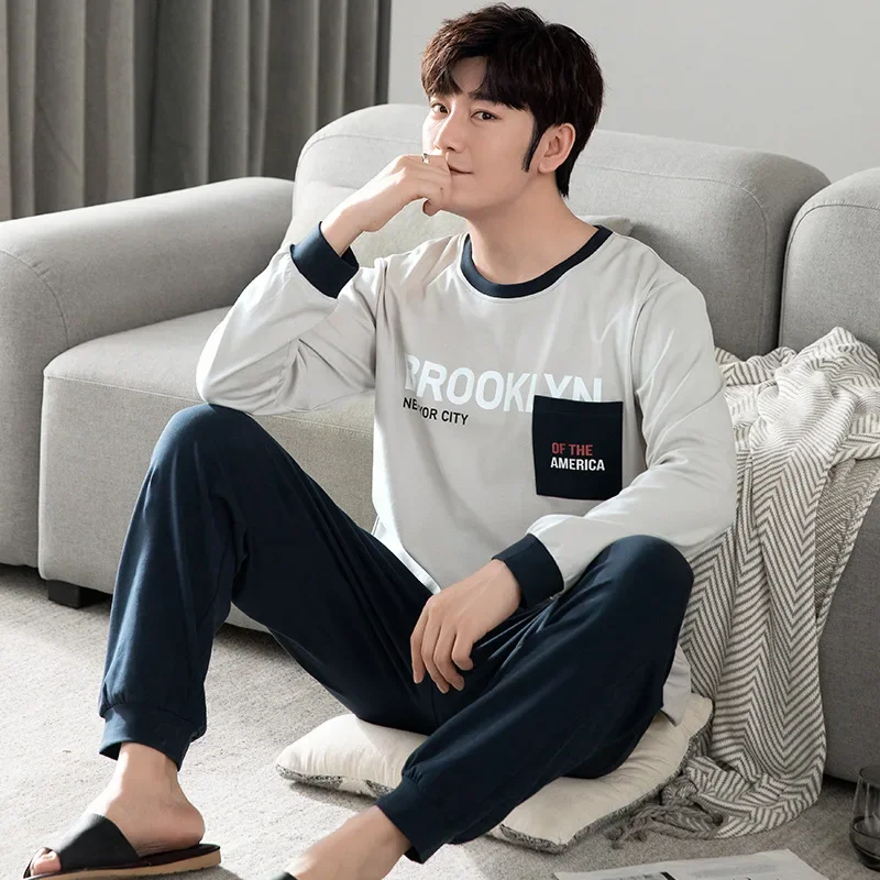 

Plus Size Mens Cotton Pajamas Spring Sleepwear Long-sleeved Pullover Trousers 2 Piece Set Korean Home Clothes Sporty Loungewear