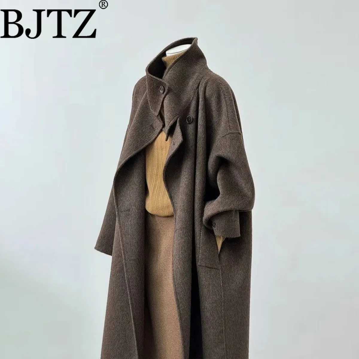 

BJTZ Women’s Double-Faced Wool Coat Stand Collar Double-Breasted Solid Color Trench Coat Luxurious Outerwear Autumn-Winter 2025