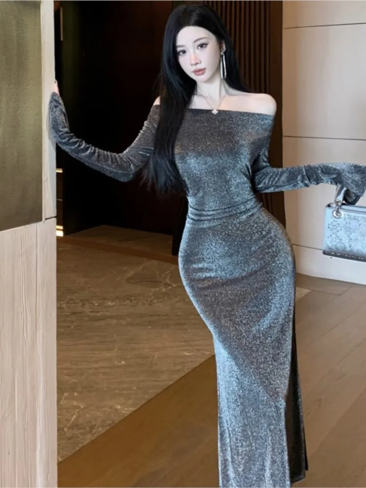 

Autumn New Bodycon Midi Dresses for Women Slash Neck Long Sleeve Slim Mermaid Evening Party Dress Shiny Birthday Vestidos Mujer