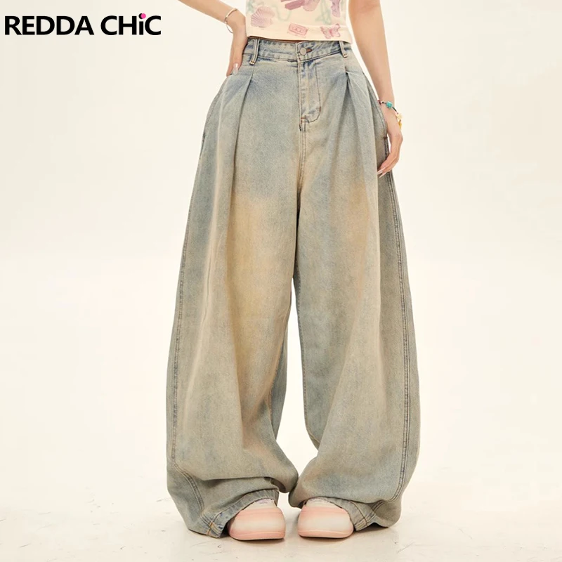 

REDDACHiC Women's Pleated Front Baggy Jeans 90s Retro Dirty Wash Low Waisted Extra Wide Leg Denim Pants Casual Korean Streetwear