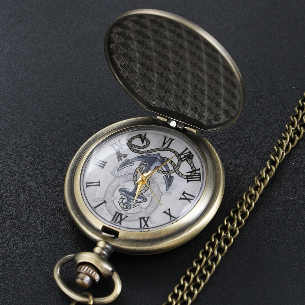 Bronze Classic Anime Sailing Boat Anchor Pattern Chain Pocket Watch Vintage Steampunk Necklace Pendant Clock Men Women Gift