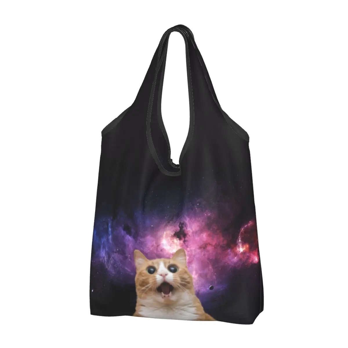 

Reusable Crazy Cat Grocery Bags Foldable Machine Washable Galaxy Space Funny Shopping Bags Large Eco Storage Bag Attached Pouch