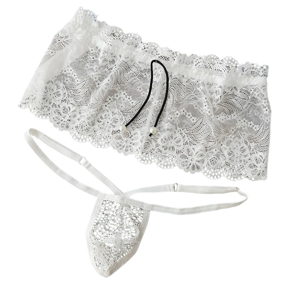 Men Sexy G-String Thong Lace Briefs Skirt Two-piece Underpants Mesh Fishnet Panties Solid T-Back See-Through Underwears Trunks