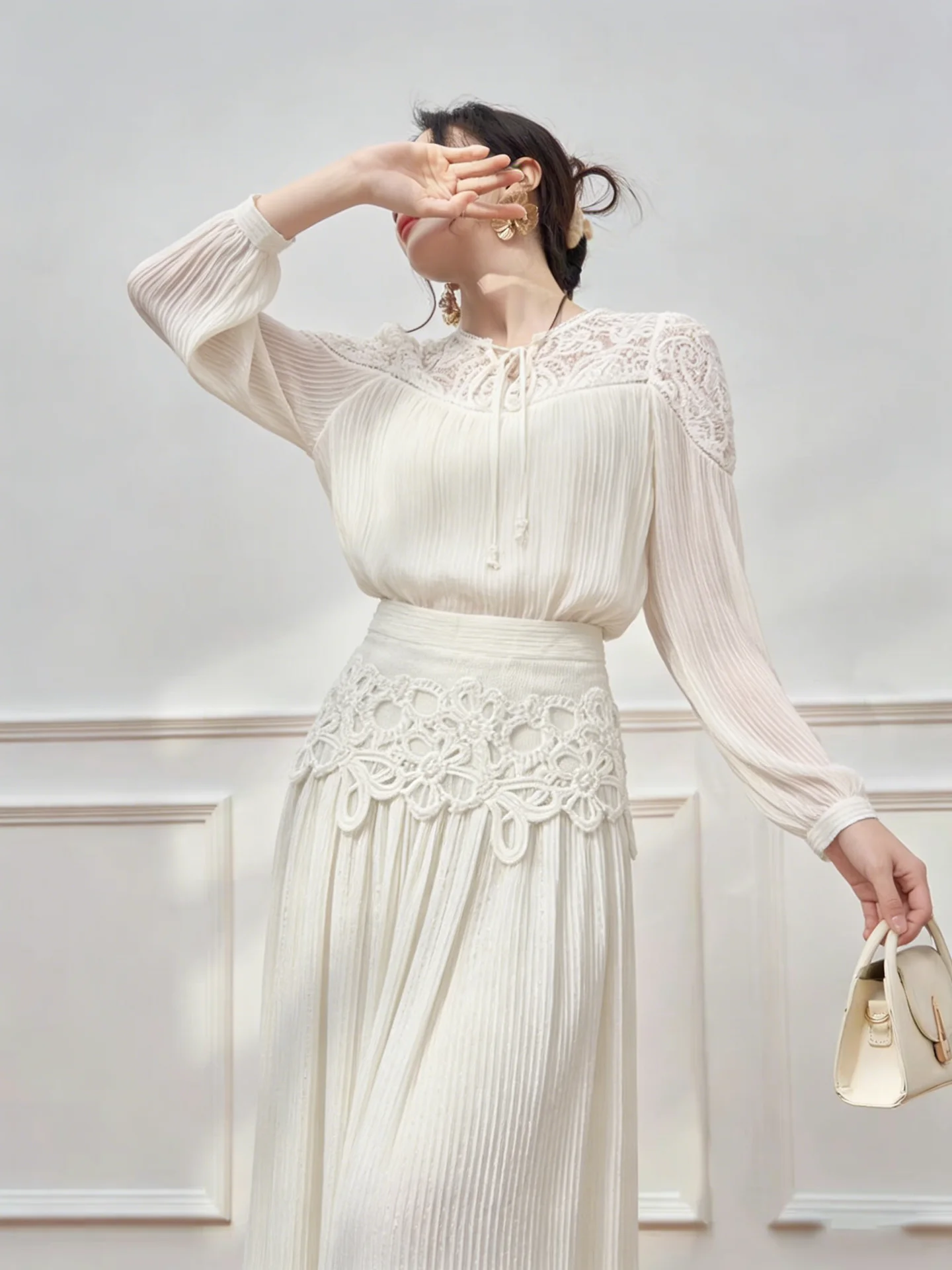 

White Lace Hollow out Texture Half Skirt Set Women's Early Summer Beautiful Maturity Unique Fashionable Spring Casual Wear