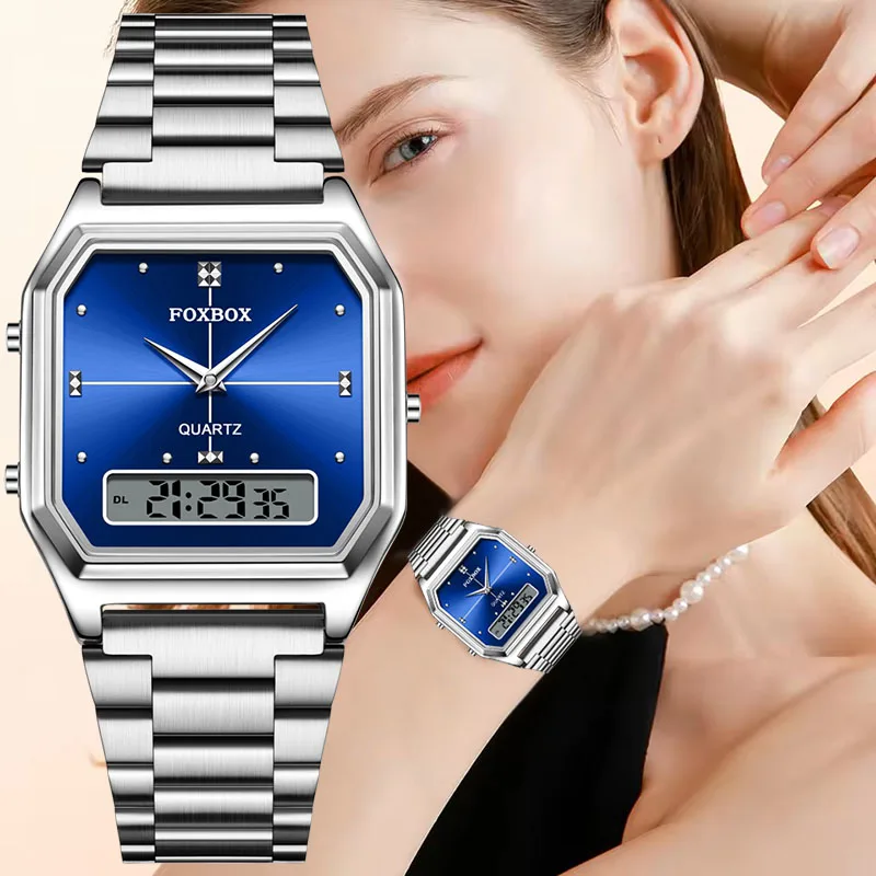 

FOXBOX New Original Luxury Women's Quartz Wristwatches Fashion Simple Square Stainless Steel Waterproof Digital Watch For Women