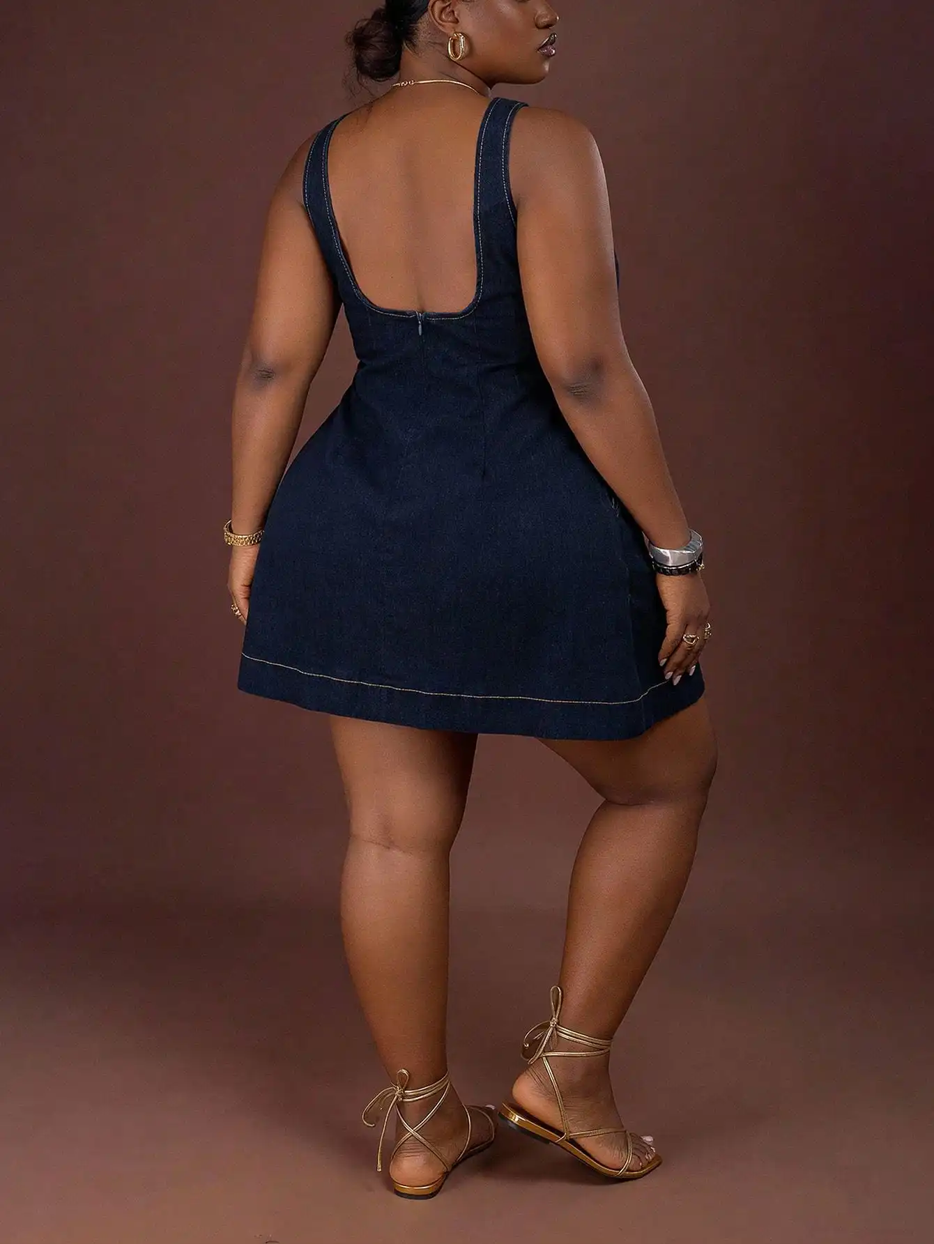 Plus Size Backless Sleeveless Denim Dress A-Line Mini Casual