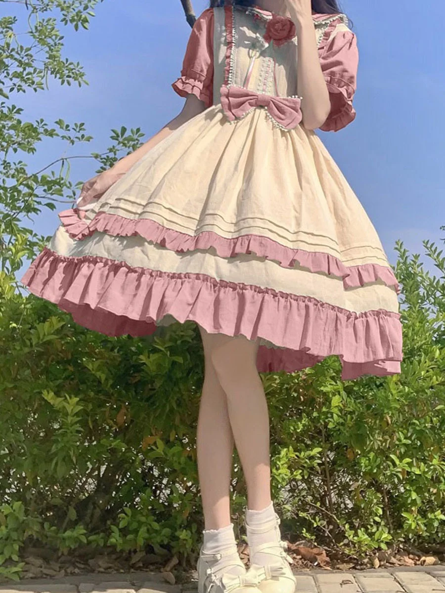 Sukienka w stylu Lolita, spódnica księżniczki, efekt wyszczuplający, letnia nowość, plus size, bawełniana, codzienna, z wysokim stanem, wiązana.