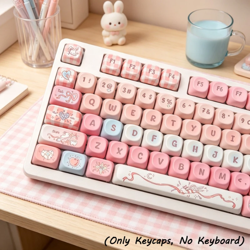 Cute Heart Bunny MOA Profile PBT Keycaps Five Sides Heat Sublimation Kawaii Sweet Bunny Cartoon Keycaps For Mechanical Keyboard