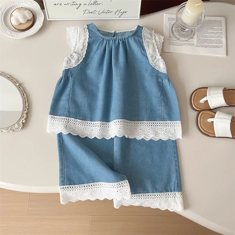 Girl's Sets 2025 Spring and Summer New Children's Clothing Cute Lace Lace Cowboy Sleeveless Top+Wide Leg Pants Two Piece Set