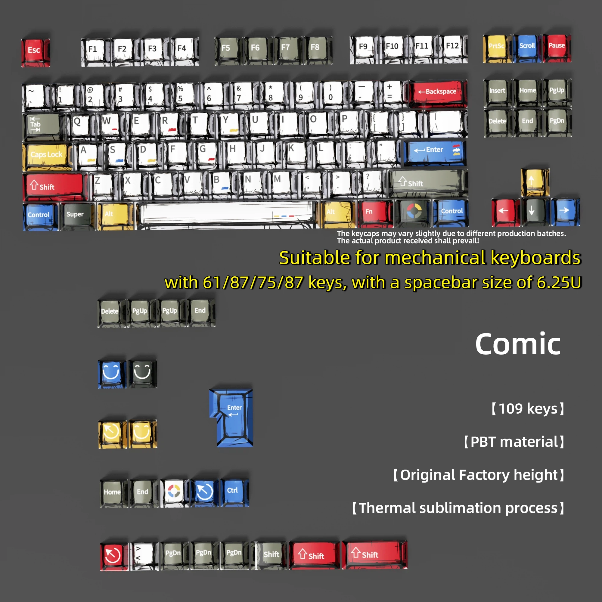 Cartoon Style Thermal Sublimation Mixed-Color Keycaps Full-Size 109-Key Mechanical Keycaps Decorative Keycaps