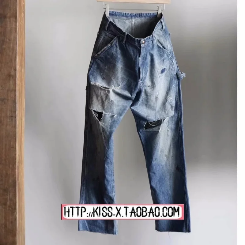 Trendy 2025 Saint Mxxxxxx Denim Pants Long Pants Woodcutting Style Splashed Ink Ripped Jeans Men's Fashion Spring Collection
