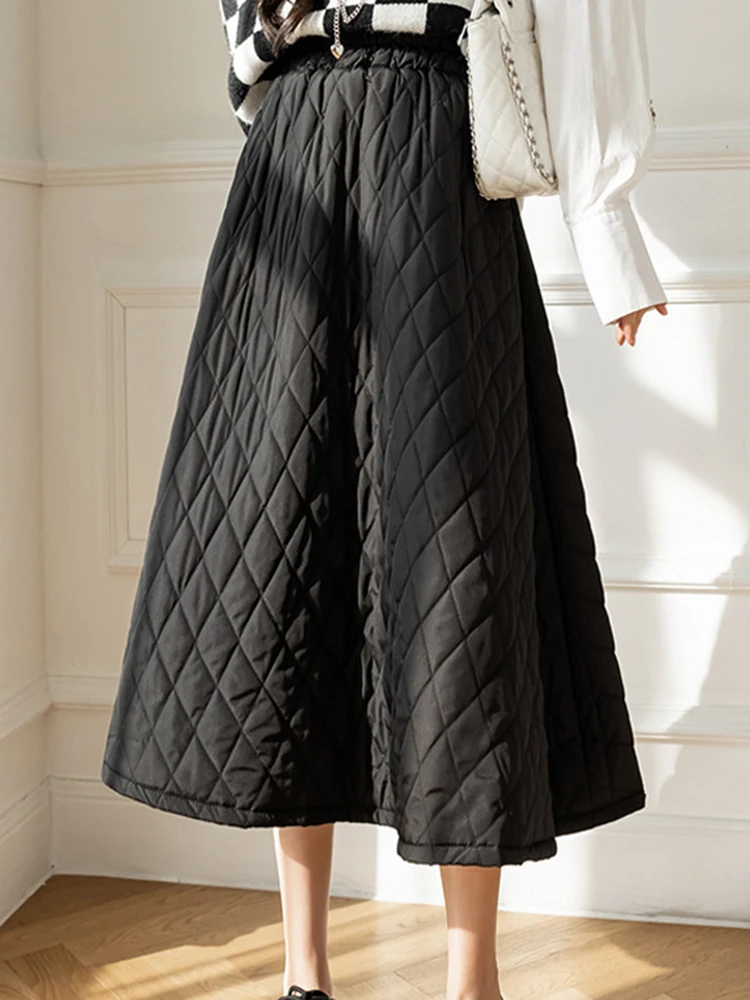 Plaid Padded Skirt Women Thick Warm Cotton Skirt Autumn Winter Vintage High Waist Midi Skirt Lady Casual Loose A Line Long Skirt