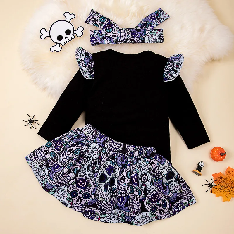 Halloween Girl's New Skull Bow Print Cartoon Cute Long Sleeved Cosplay Crawling Clothes Half Skirt Two-Piece Set