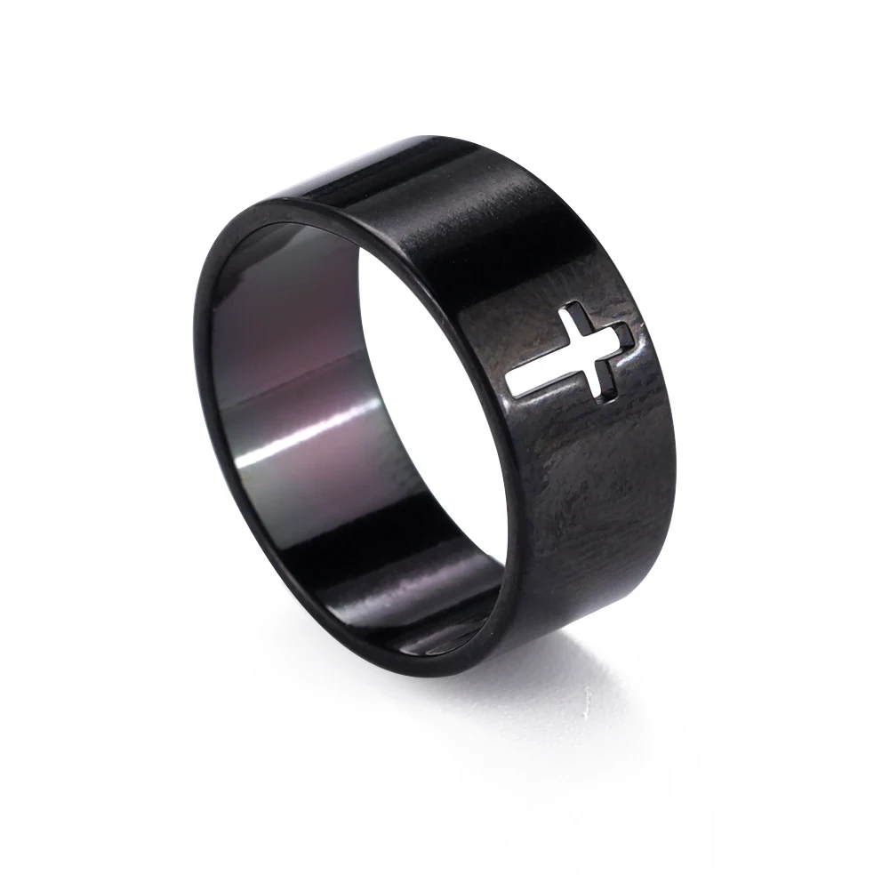 My Shape Cross Hollowed Ring for Men Women Wide Cut Out Cross Silver Color Stainless Steel Finger Rings Fashion Male Jewelry