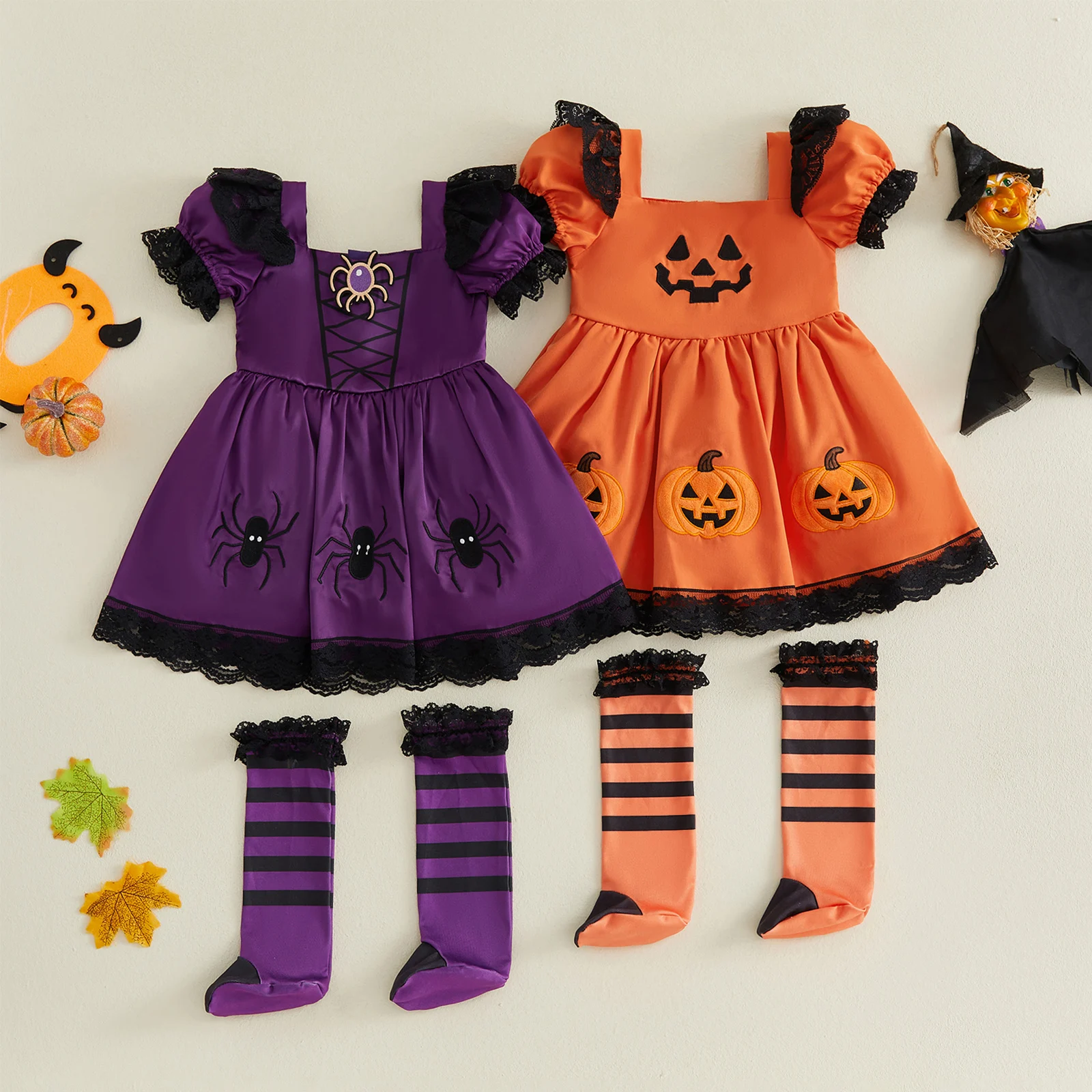 Girls Halloween Costume Pumpkin/Spider Embroidery Short Sleeve Square Neck Dress with Matching Strip Knee High Socks 2Piece Set