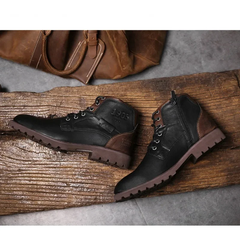 Leather Men Ankle Boots Plus Size High Top Shoes Outdoor Work Casual Shoes Motorcycle Military Combat Boots Fashion Autumn Brown