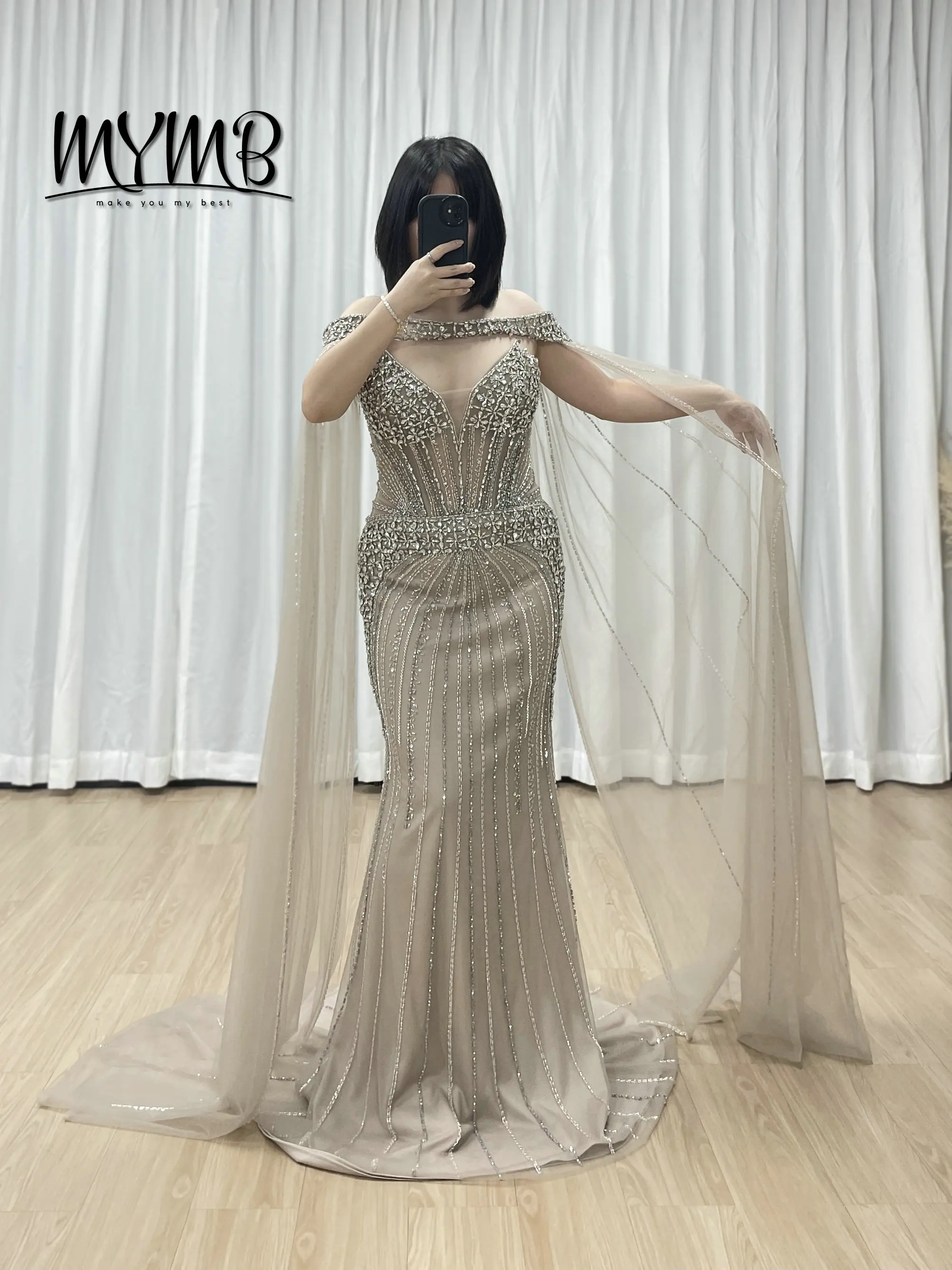 

MYMB Elegant Caramel Mermaid Luxury Beaded Sweep Striped Natural Waist Evening Gown Detachable Cape Floor-length Formal MY30164