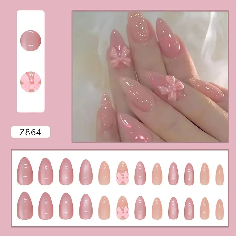 24/30PCS Reusable 3D Effect False Nail Green Ripple Pink Bow Press on Nails Glitter with Jelly Stickers Nail Tips for Women Girl