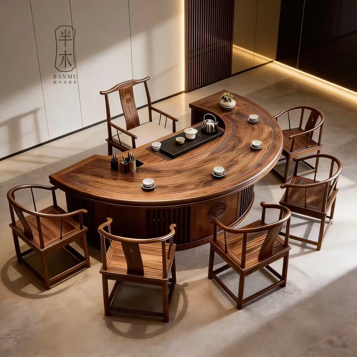 

Cz new chinese style half-round table black walnut tea table set - high-end solid wood tea table furniture for office