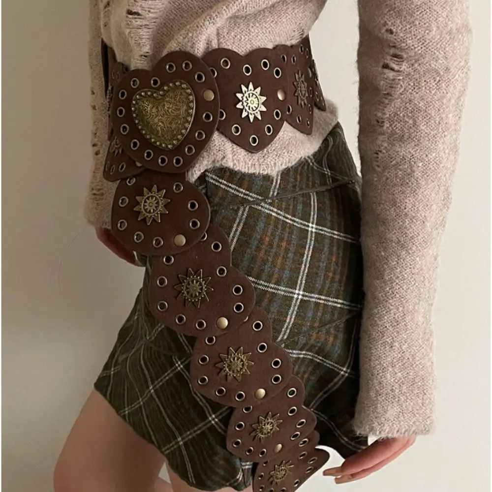 

Панк-металлические ремни в форме сердца Y2K, широкие металлические ремни с заклепками, ажурные ковбойские пояса с любовью, украшение для платья