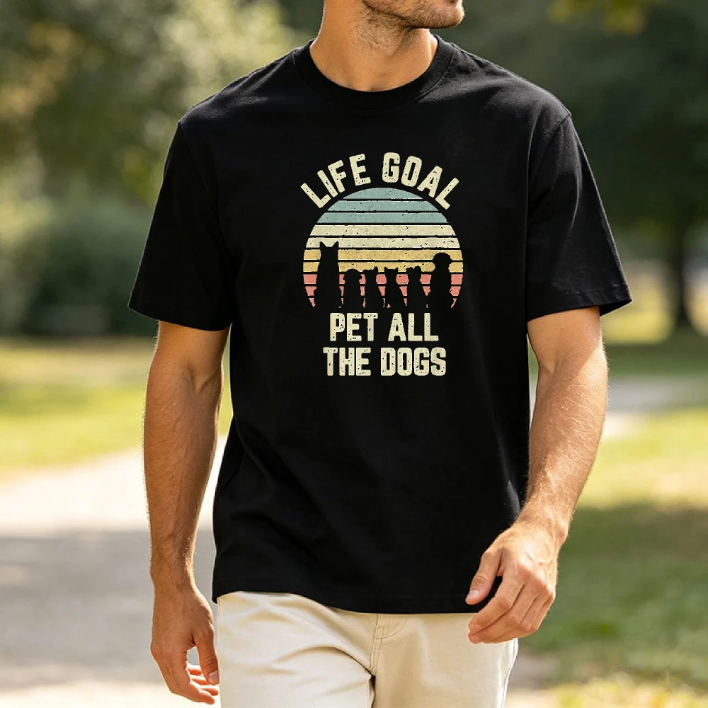Life Goal Pet All The Dogs Retro Sunset Silhouette Men T Shirt Dog Owner Gift Vintage Distress Animal Casual Holiday Tee