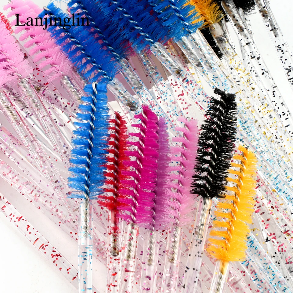 Lanjinglin 50/100 piezas de cepillos para pestañas de maquillaje, cepillo de cejas de cristal con mango de diamante, aplicador de máscara, herramientas de extensión 5