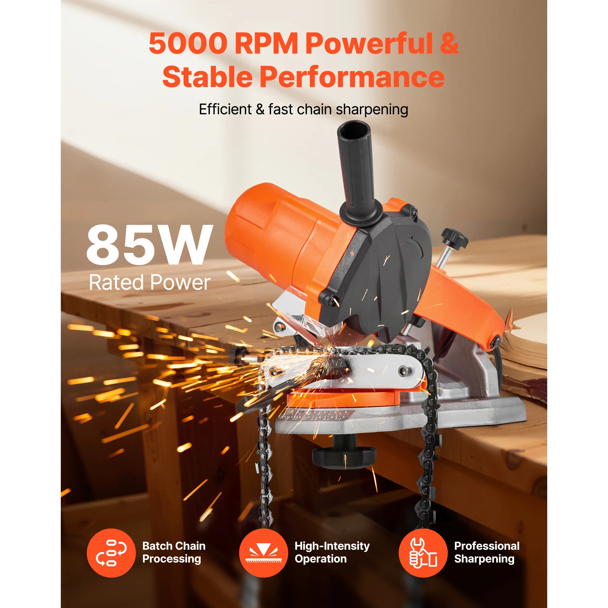 SucceBuy Electric Chainsaw Sharpener 85W Bench Saw Chain Sharpener 5000RPM with 2 Grinding Wheels & LED Light for Woodworking
