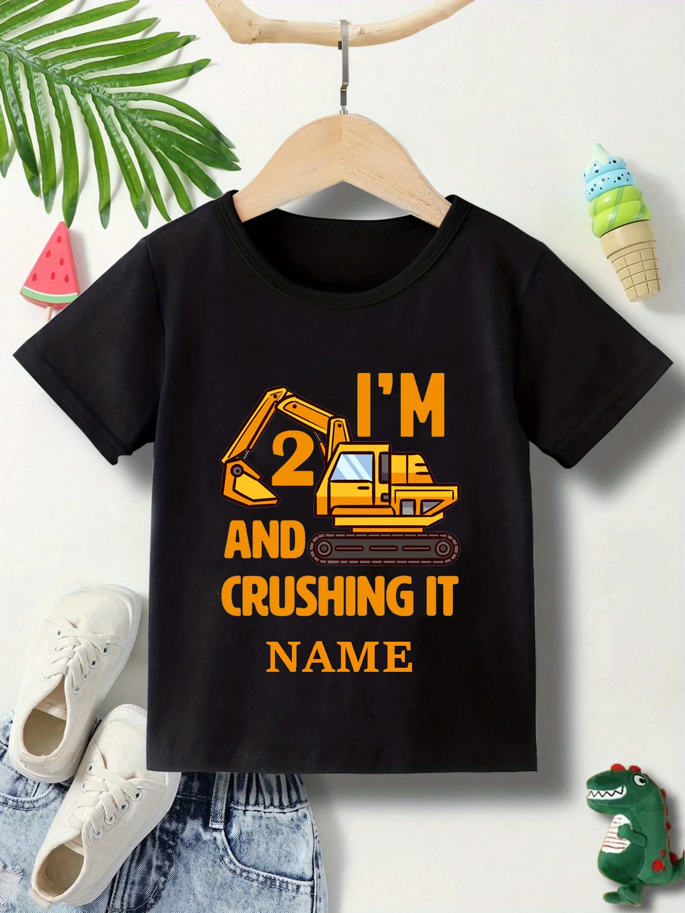 Personalized Name Excavator 1-10 Birthday Number Print T-Shirt Boys/Girls Birthday Party T-Shirts Children Summer Tshirt Present