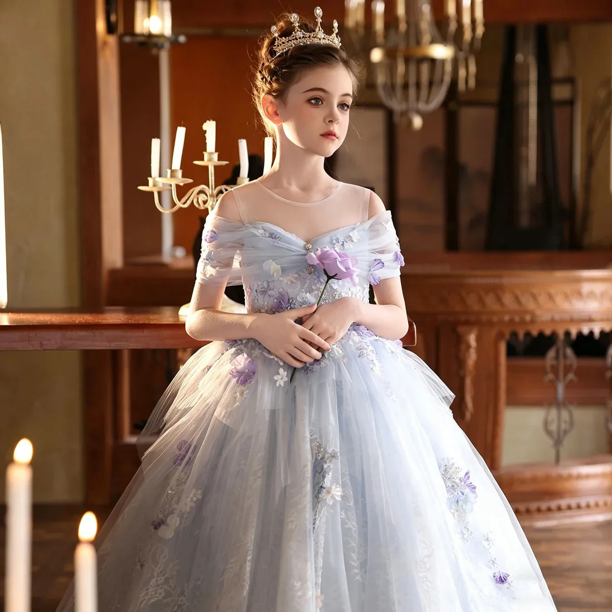 2026 One Shoulder Puff Sleeve Flower Girl Dress Round Neck Hollow Waist 3D Floral Appliqué Princess Dress Girl Draft Dress