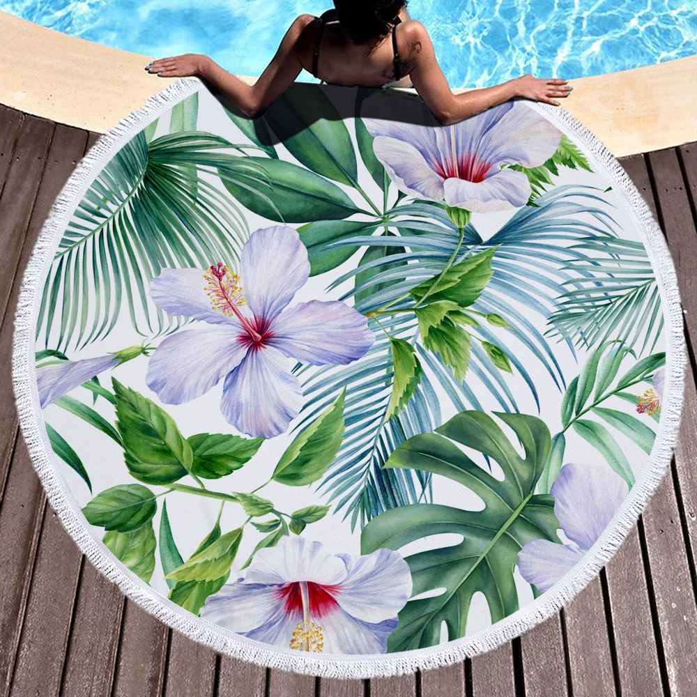 Round Beach Towel with Tassels Microfiber Tropical Plants Monstera Shower Bath Towel Swim Cloth Circle Beach Towel Yoga Mats 150