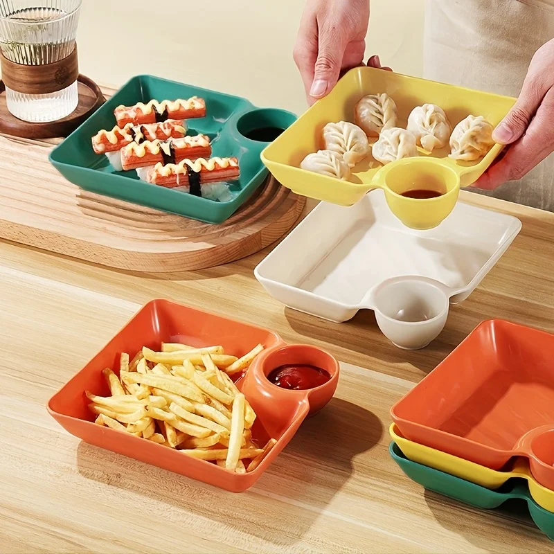 Divided Plates French Fries Square Dumpling Plate With Vinegar Plates Snack Dish 2-Grid Spices Dessert Christmas Tableware Home