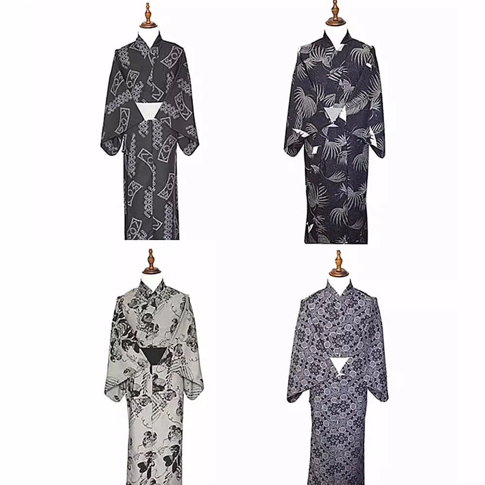 Men's Japanese Traditional Kimono with Belt Photography Clothing 3pcs Set Formal Yukata Cosplay Costume