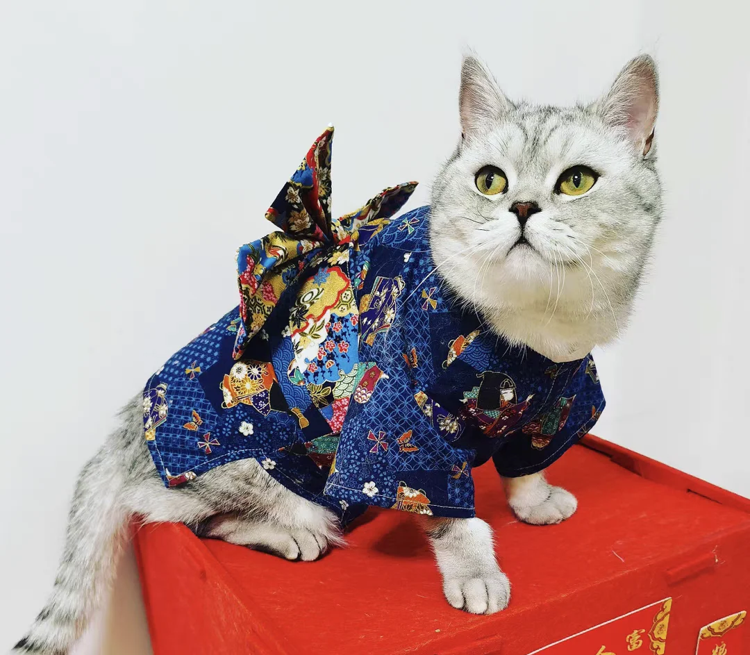 Japanese Style Thin Cat Dog Coat Kimono Summer Pet Clothes for Cats Dogs Cute Print with Bow-knot Kitten Sphynx Clothing Outfit