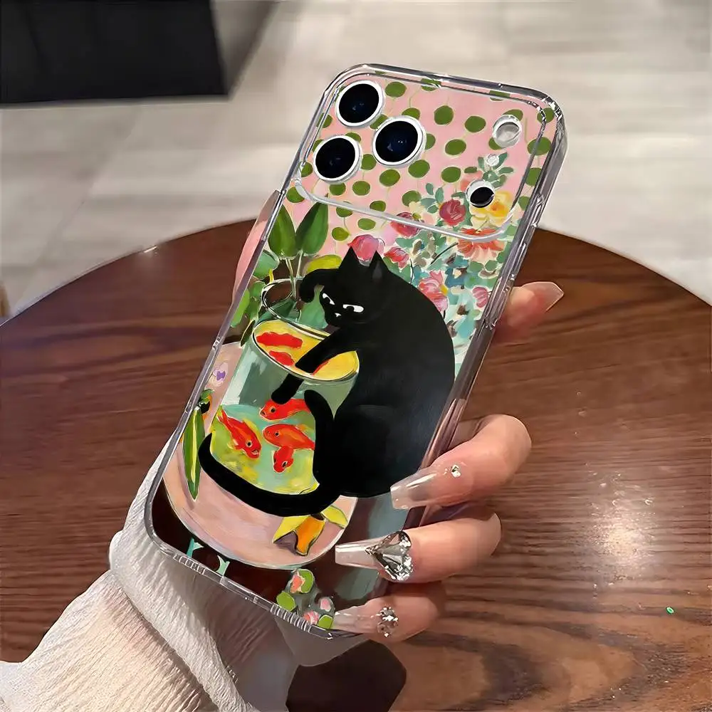 

Funny Artistic Cat Painting Phone Case For iPhone 17 16 15 14 13 12 11 Mini Pro Max Plus Transparent Cover