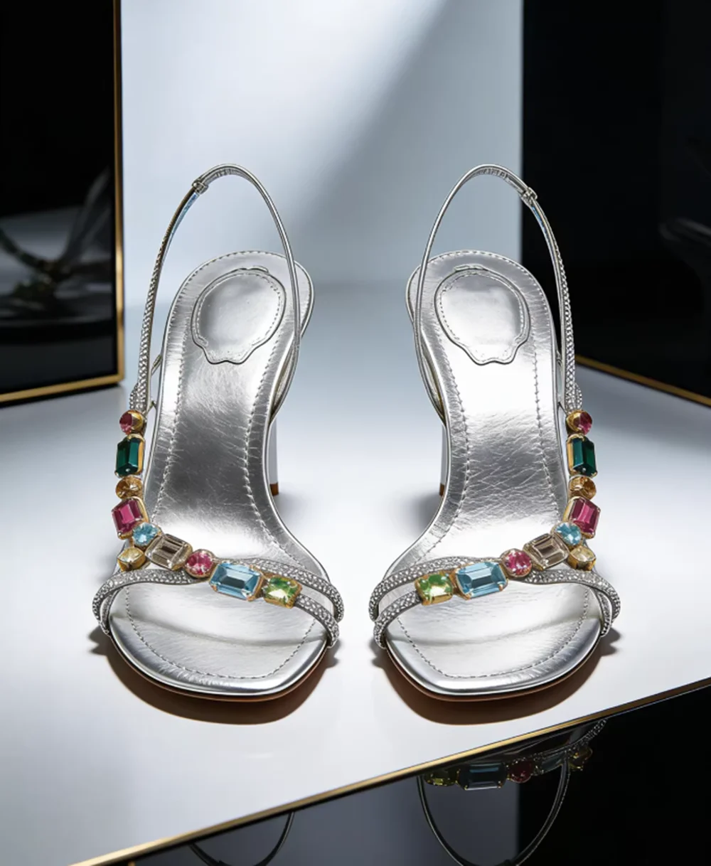 Silver Metallic Crystal-Embellished Sandals Multicolor Gemstone Straps Stiletto Heel Elegant Summer High-Fashion Lady Sandals - view 2