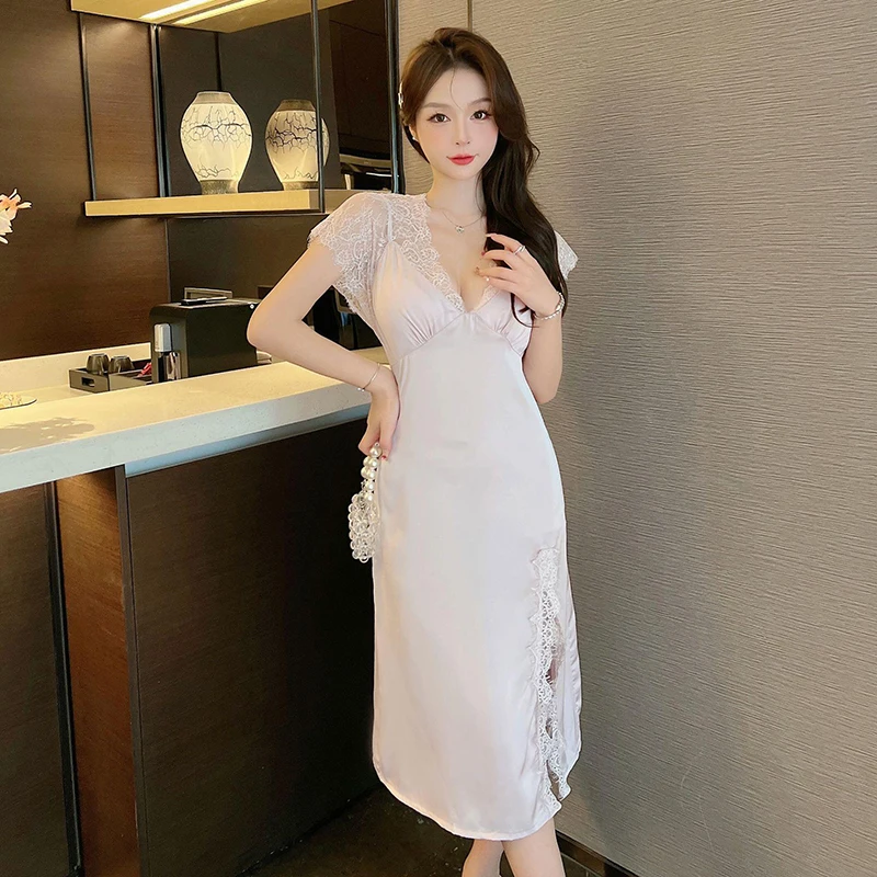 Women's Satin Silk Long Nightdress Satin Silk Sleepwear Lingerie For Women Lace V Neck Night Dress Nightgown Nightwear Homewear