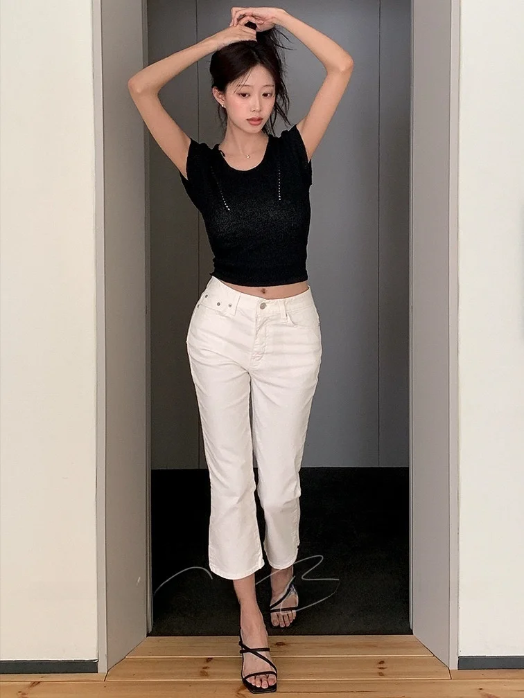 Slimming High Waist Capri Jeans Women's Own Butt Pad Vintage Micro Flared Straight Leg Jeans Slit Design Fashionable Ladies' ...