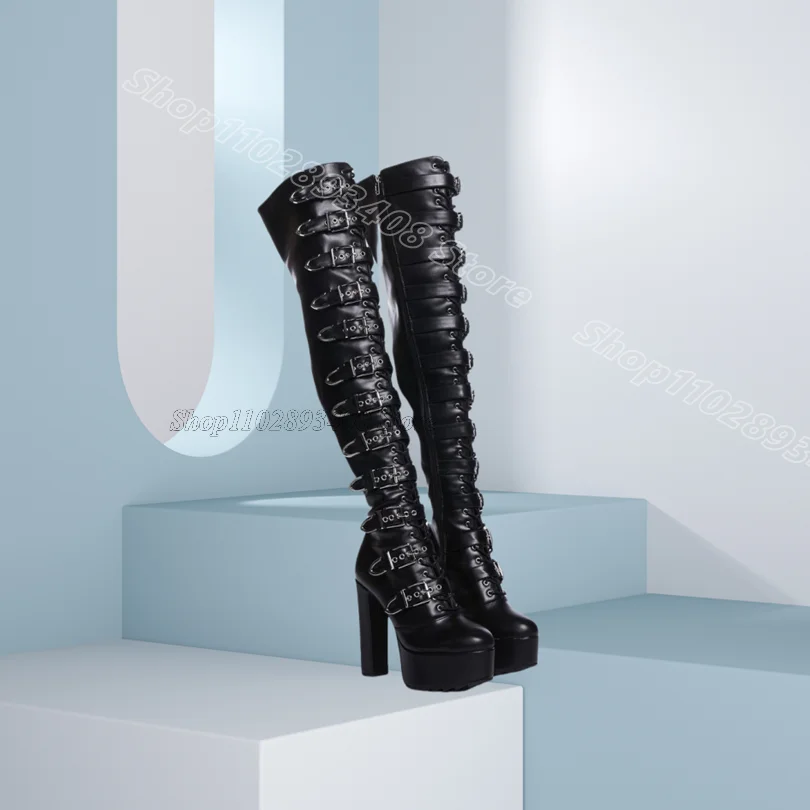 

Black Belt Buckle Punky Style Boots Round Toe Stiletto Stylish Solid Concise Women Casual Over Knee Boots Zapatos Para Mujere