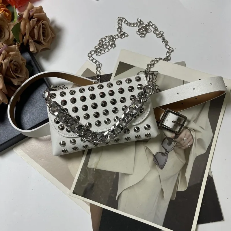 HD Biało-Czarna Nitowana Nowa Saszetka Nerka Pasek 2025 Moda Osobowość Nisza Łańcuszek PU Torba Kurierska i Pasek dla Kobiet Mężczyzn Prezent