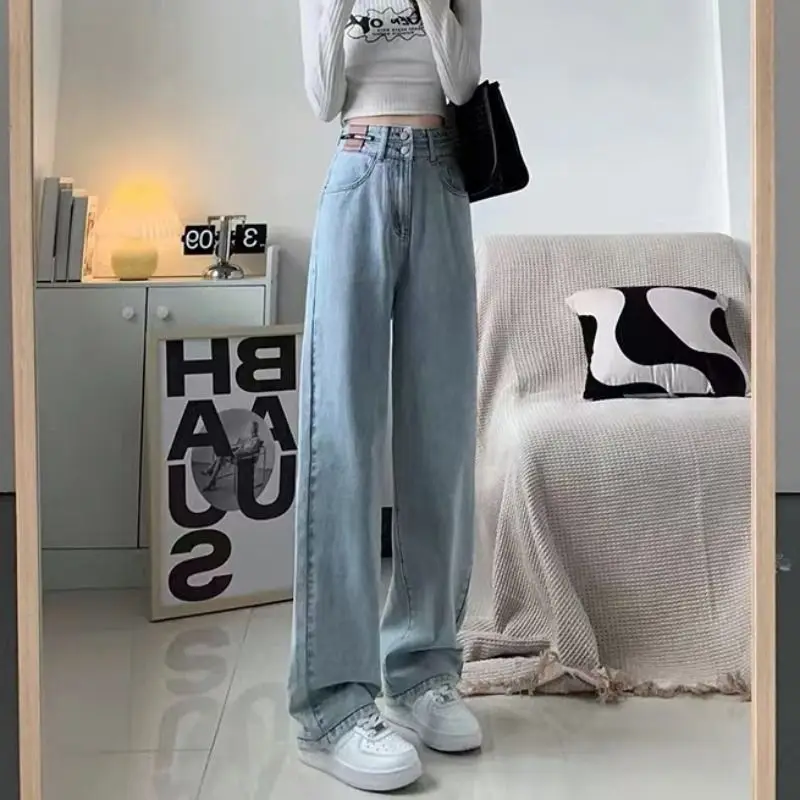 

Double-button women's high-waisted straight-leg jeans, new style2024Loose-fitting, slimming, drapey, floor-length wide-leg pants