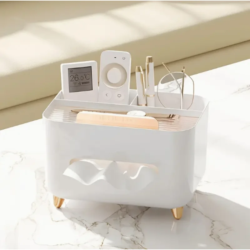 Multifunctional Desk Organizer with Tissue Box Holder, Remote Control Storage, Plastic Desktop Organizer for Essentials, 1pc