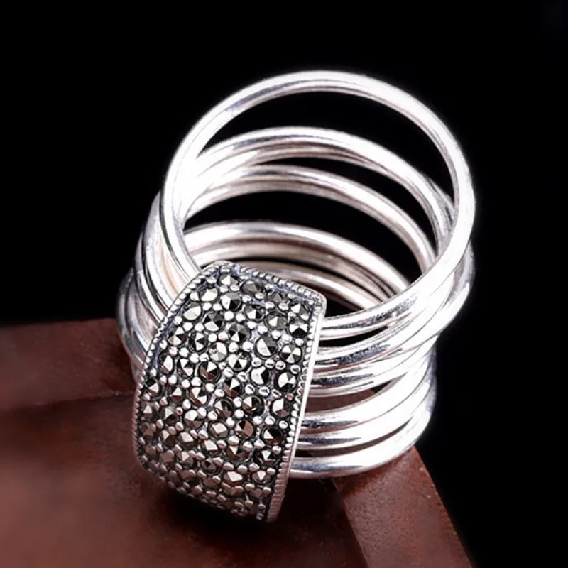 S925 Sterling Silver Rings for Women New Fashion Multi Circle Glossy Marcasite Bangle Pure Argentum Jewelry Wholesale