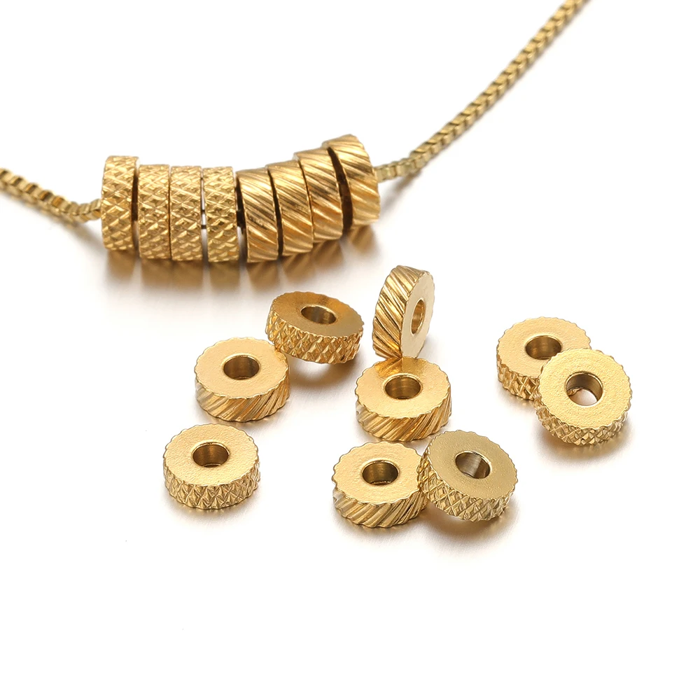 20Pcs 6mm Stainless Steel Gold Plated Texture Flat Spacer Beads for DIY Jewelry Making Necklace Findings Bracelet Supplies