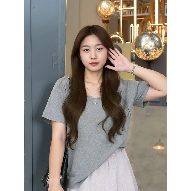 

Plus size, women's T-shirt short sleeved front shoulder loose belly cover top, pure cotton slimming T-shirt 3525