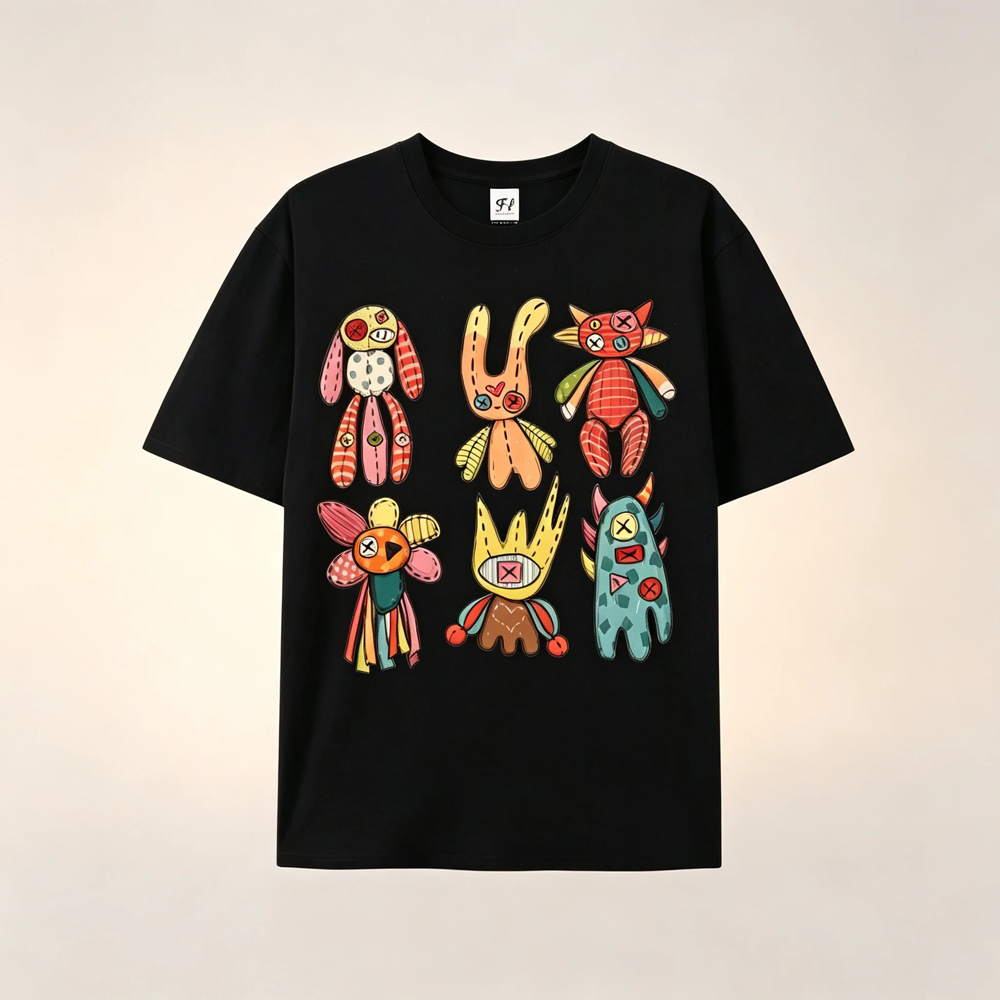 Unisex Cute Cartoon Monster Doll Print Short Sleeve T‑Shirt Loose Crew Neck Casual Funny Streetwear Graphic Tops