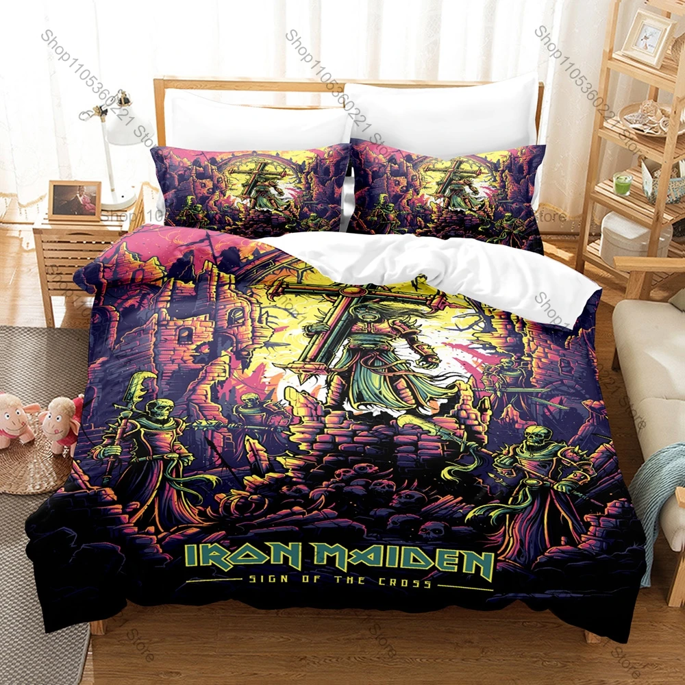 Legendary Metal Band Maiden Heavy Metal Bedding Set Retro Concert Art Pattern Zipper Design Soft Fabric Bedroom Decor For Teen